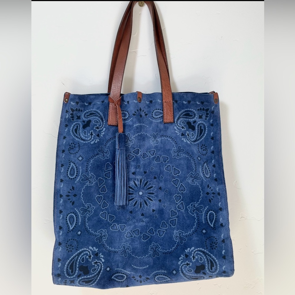 Sundance Blue and Brown Paisley Tote Bag with Leather Handles